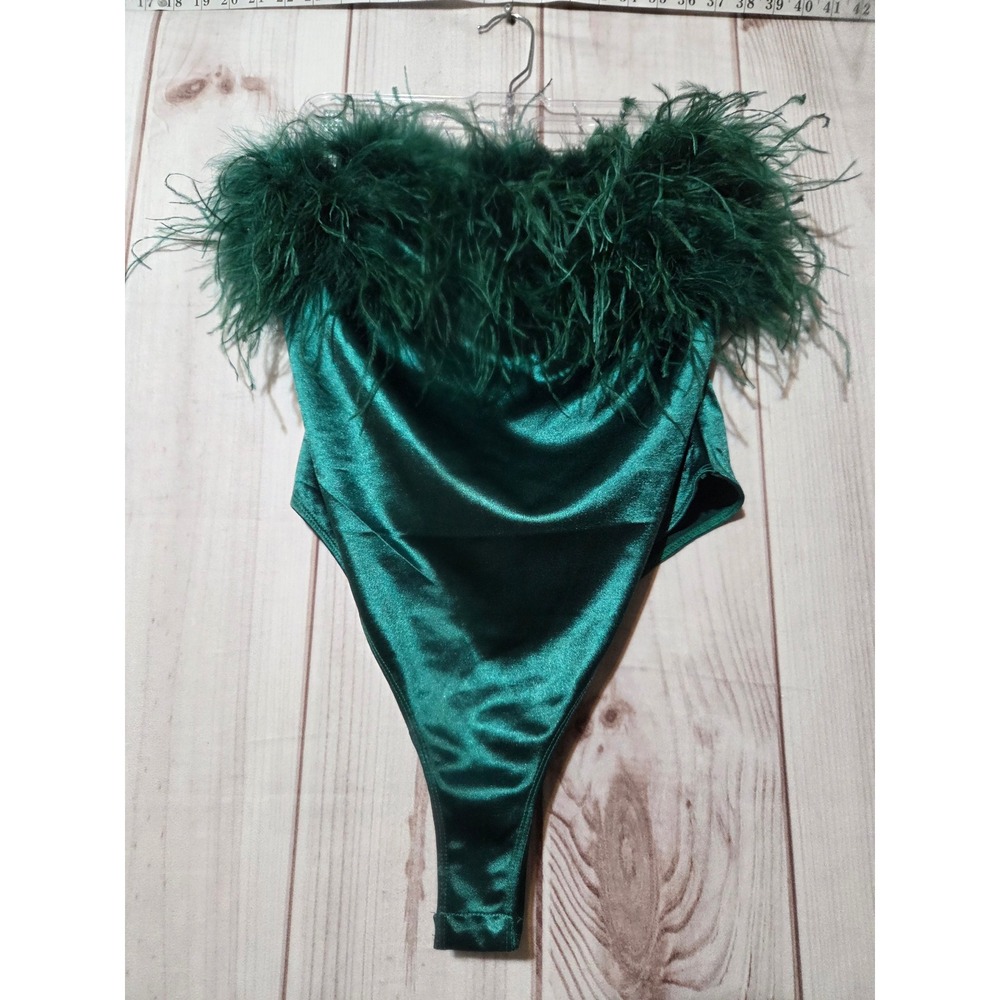 Fashion Nova Emerald Green‎ Satin Ostrich Feather Strapless Bodysuit 1XL
